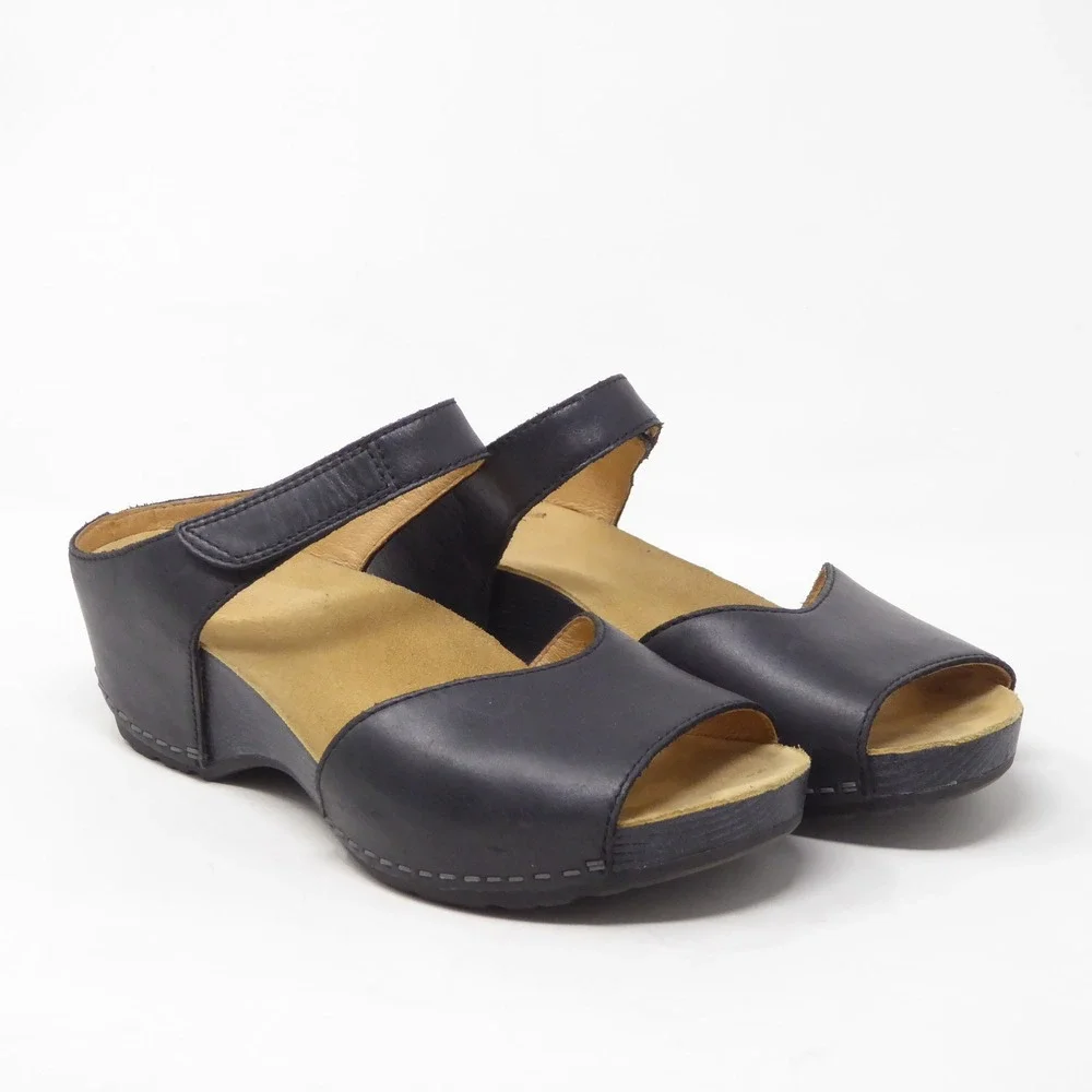 Dansko Tracy Womens Wedge Sandals Black Leather Peep Toe Comfort 36